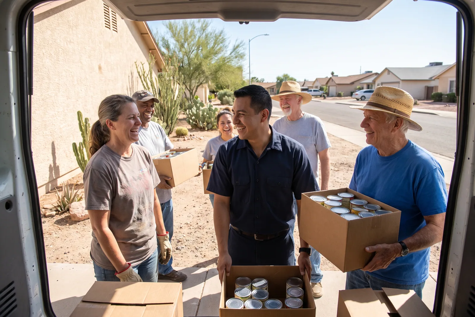 Volunteers and plumbing technician packing donation boxes for a neighborhood food drive in Las Vegas