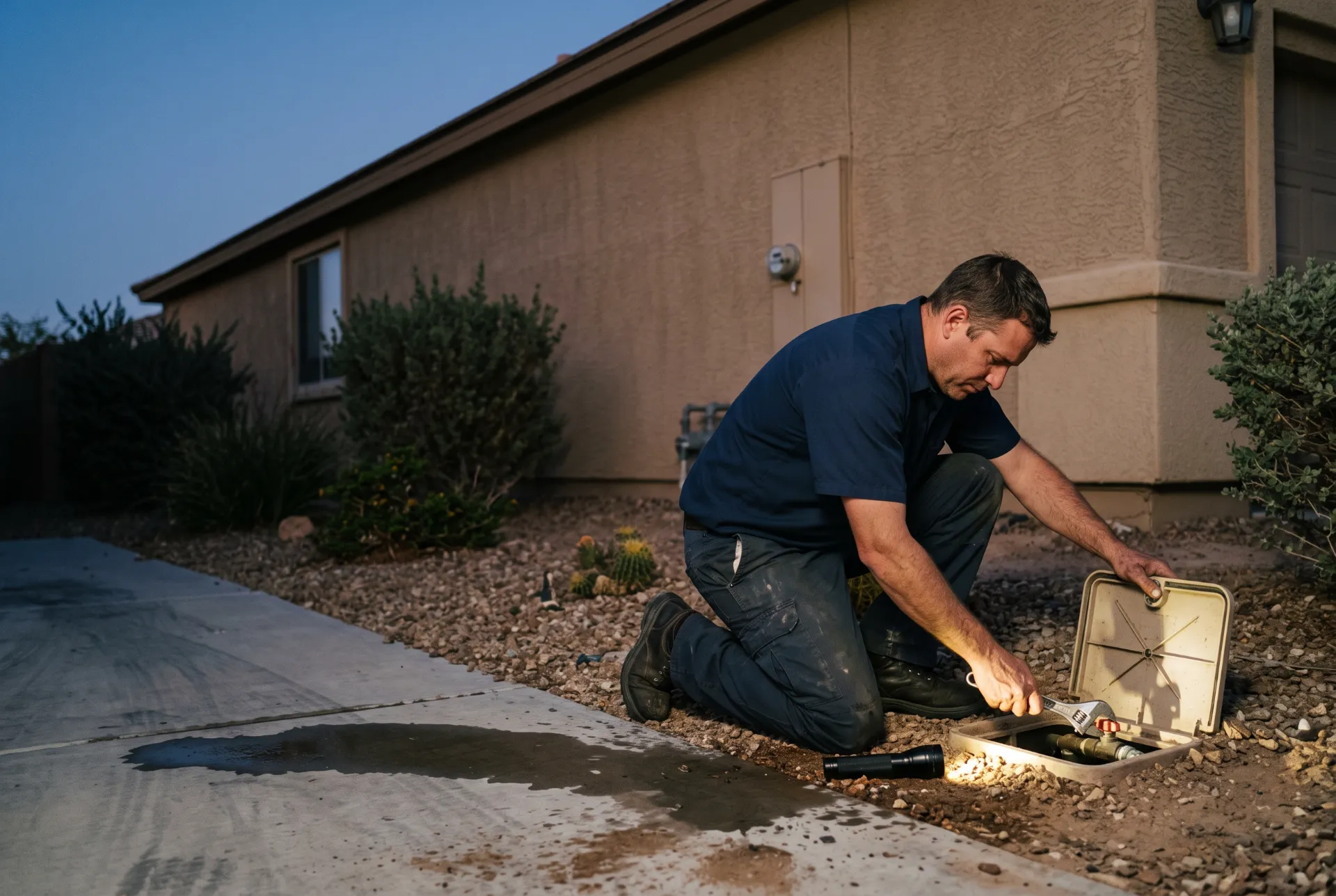 A plumber turning off the main water shutoff outside a Las Vegas home at dusk