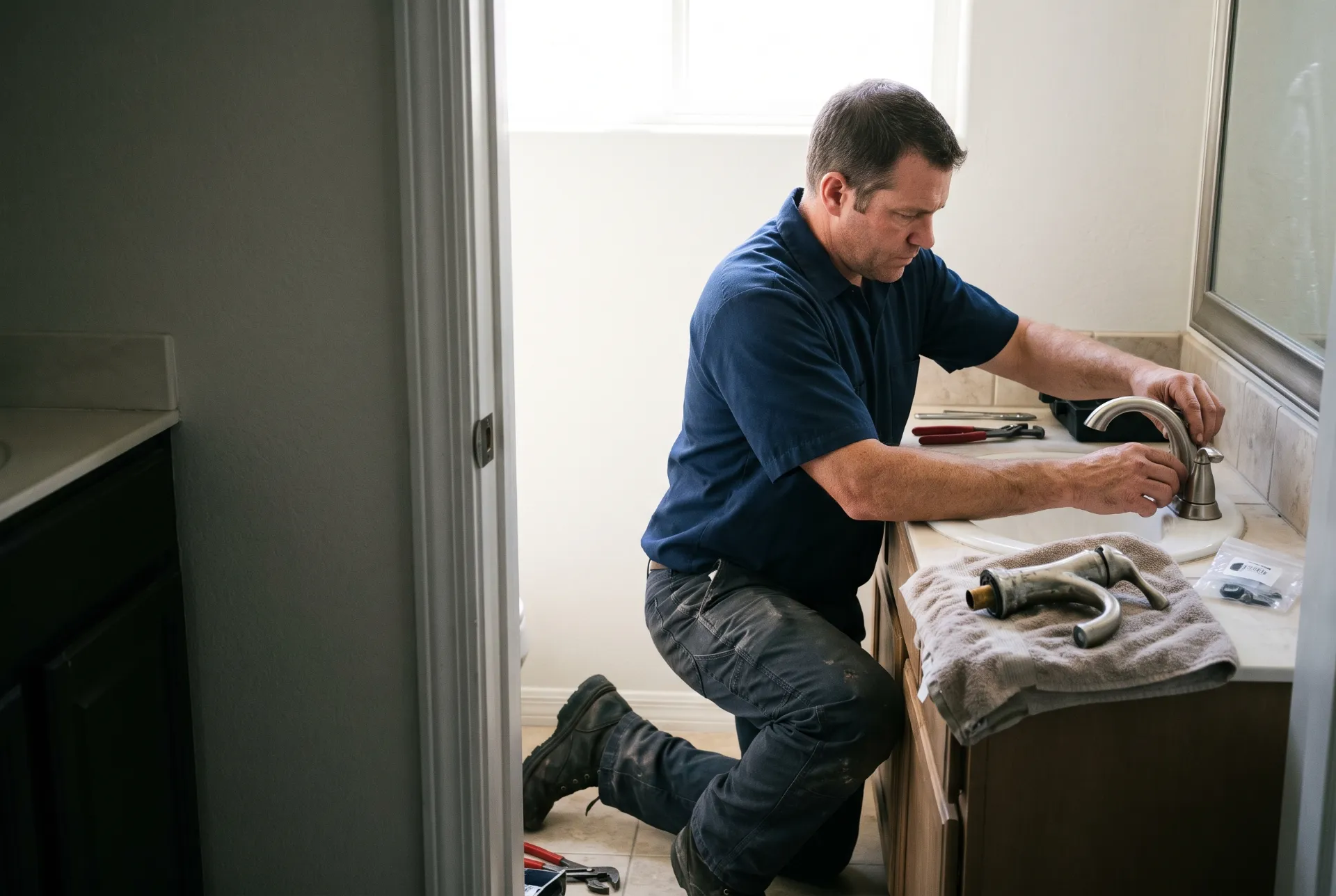 A technician installing a new faucet on a bathroom vanity