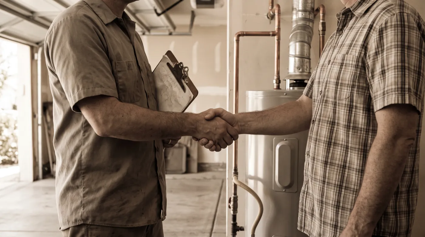 A Summit Plumbing plumber shaking hands with a homeowner beside a newly installed water heater, 2009