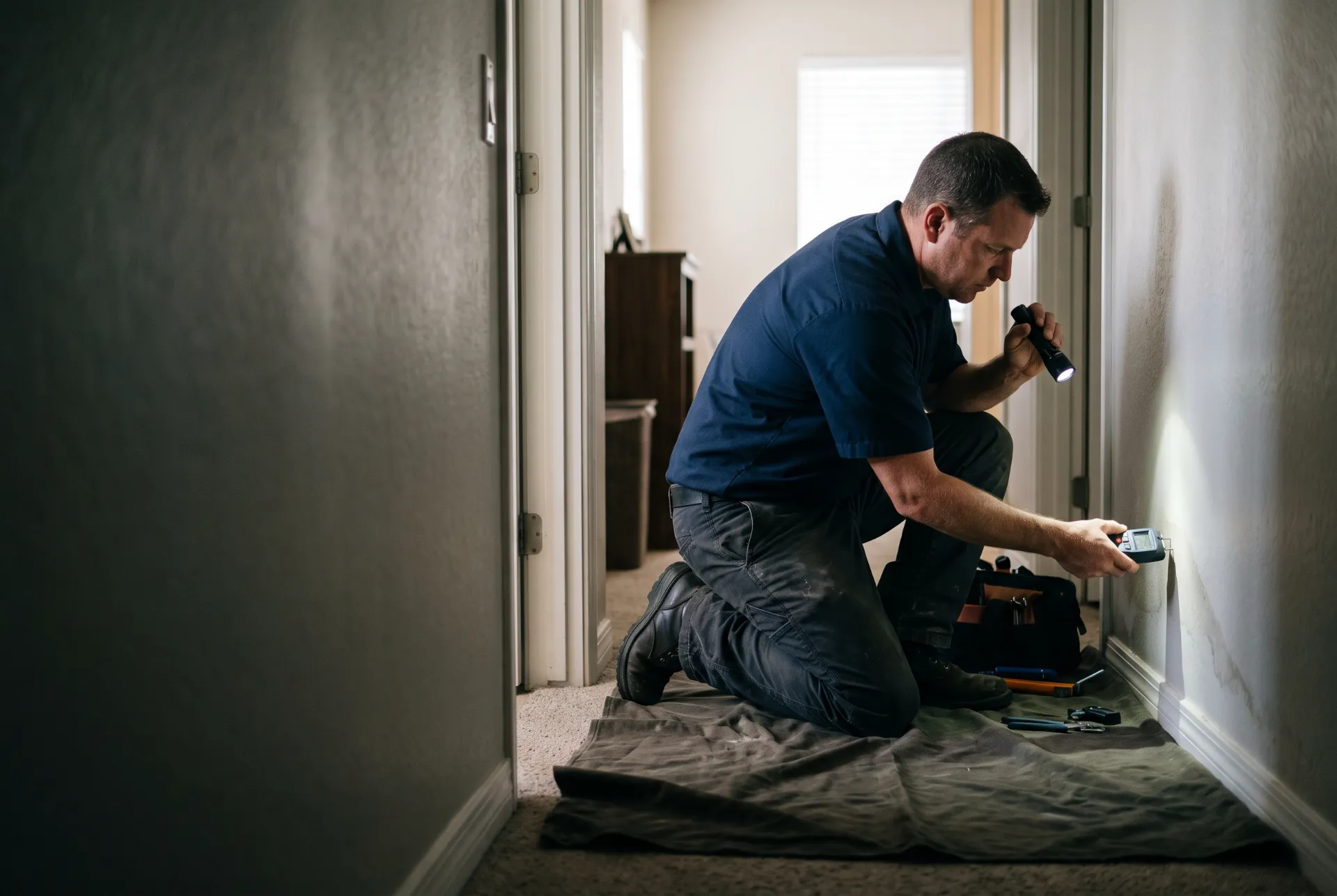 A technician checking a stained wall with a moisture meter
