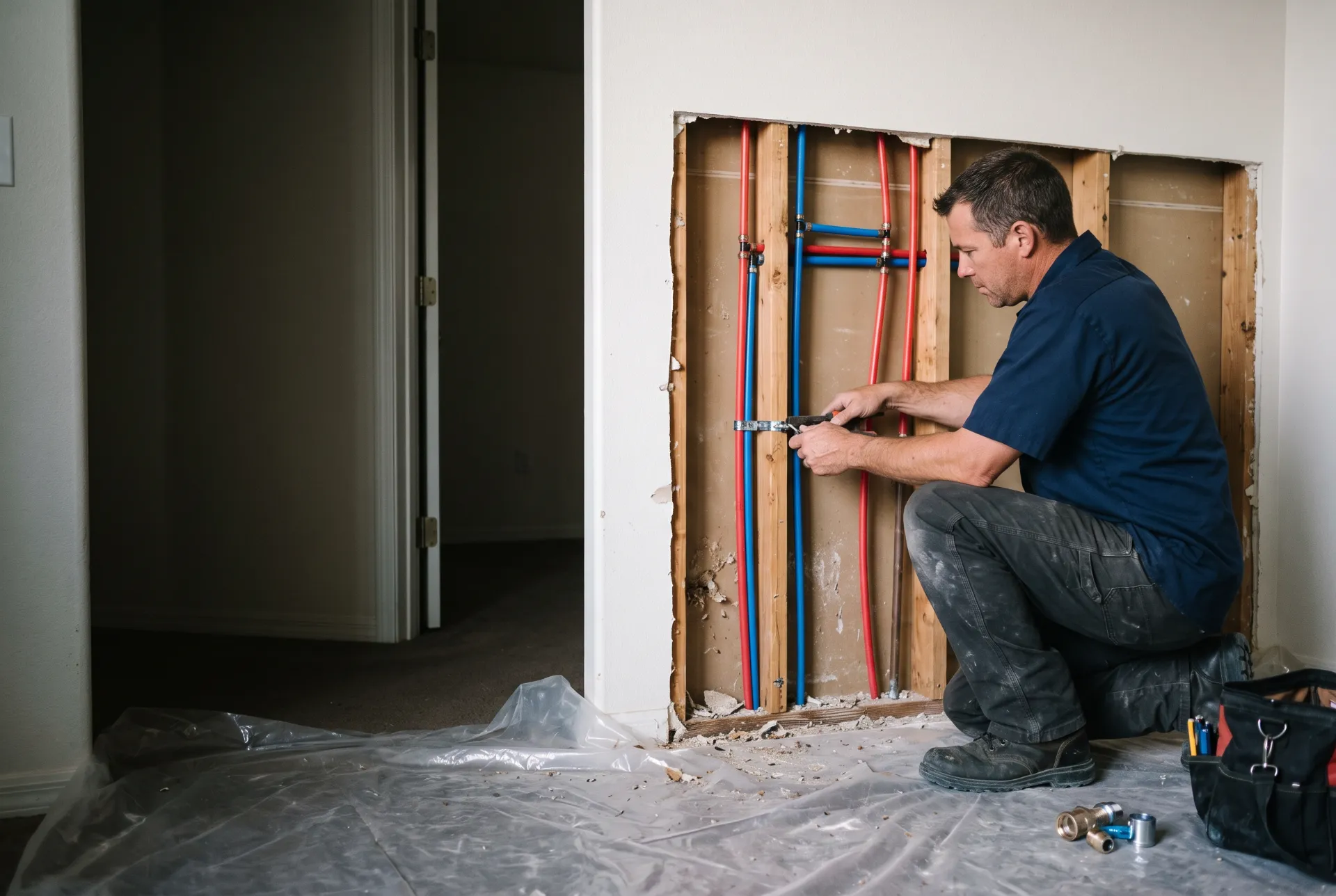 New PEX water lines installed inside an opened wall