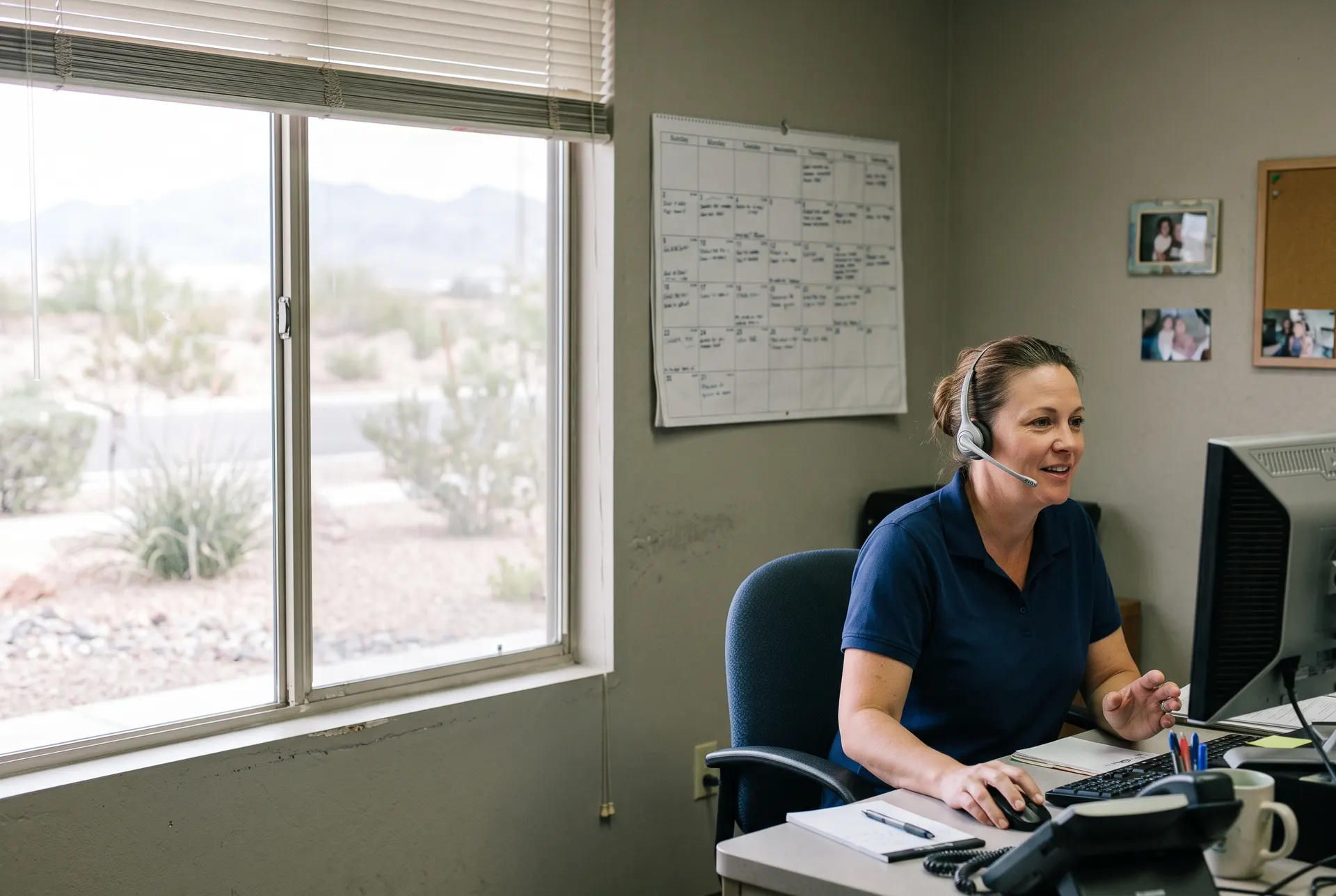 Summit Plumbing scheduling coordinator taking a call at her desk in the Las Vegas office