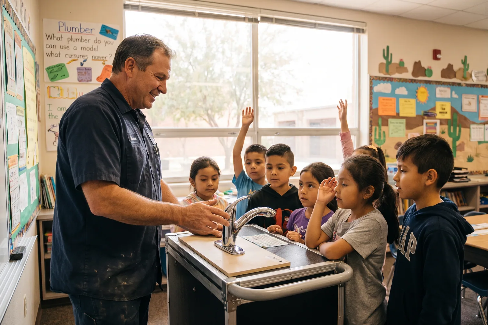 Plumbing technician demonstrating water conservation fixtures to elementary students in a Las Vegas classroom