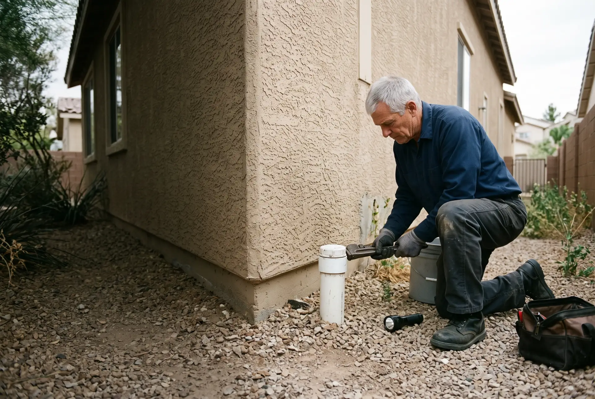 A technician opening a sewer cleanout in a gravel side yard