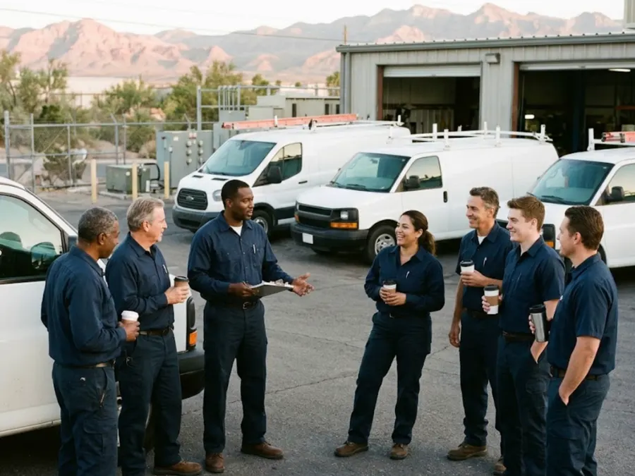 The Summit Plumbing team at the morning huddle beside their vans at the shop