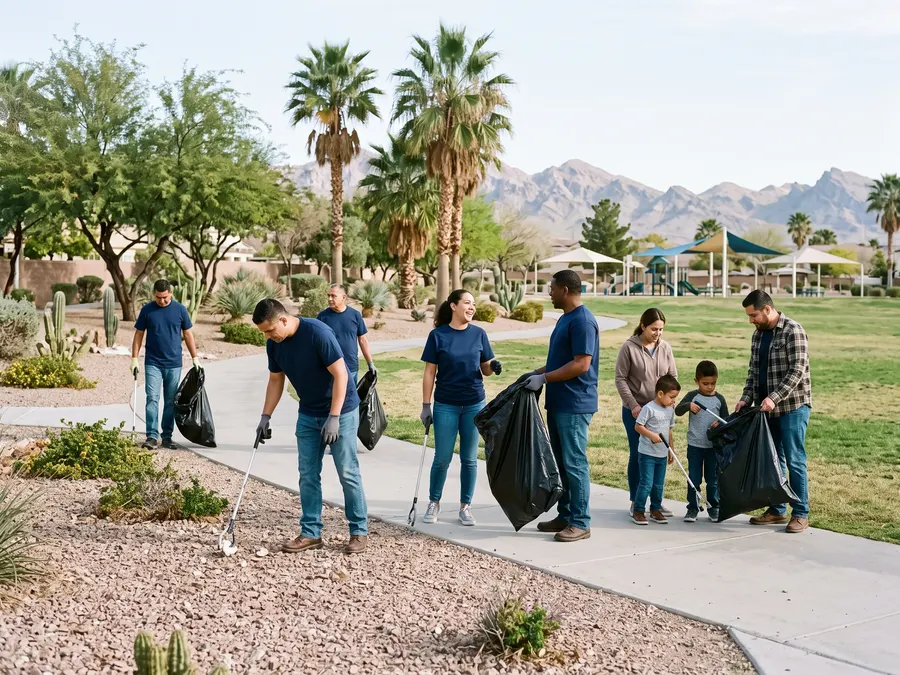 The Summit Plumbing team picking up litter with neighbors at a Las Vegas park