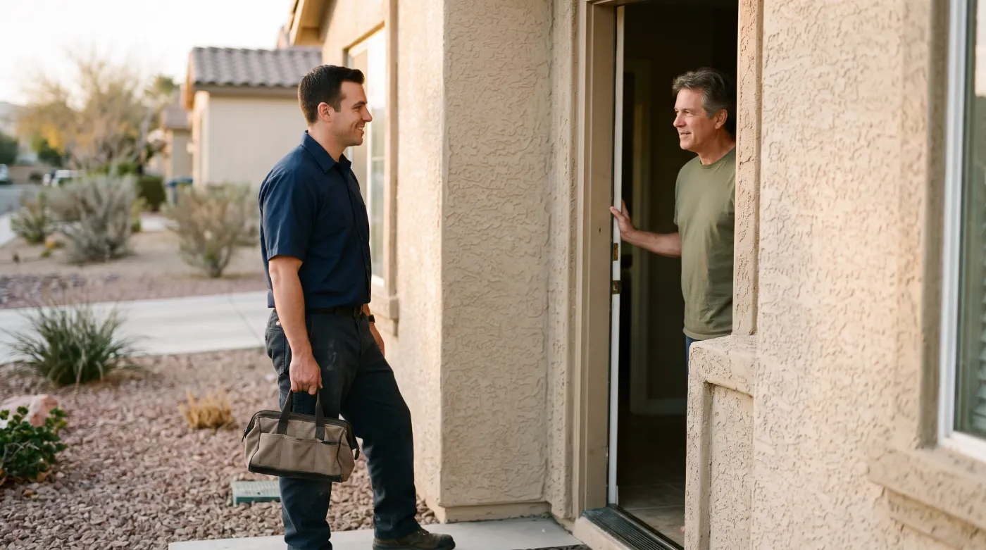A Summit Plumbing technician greeting a homeowner at the front door of a Las Vegas home