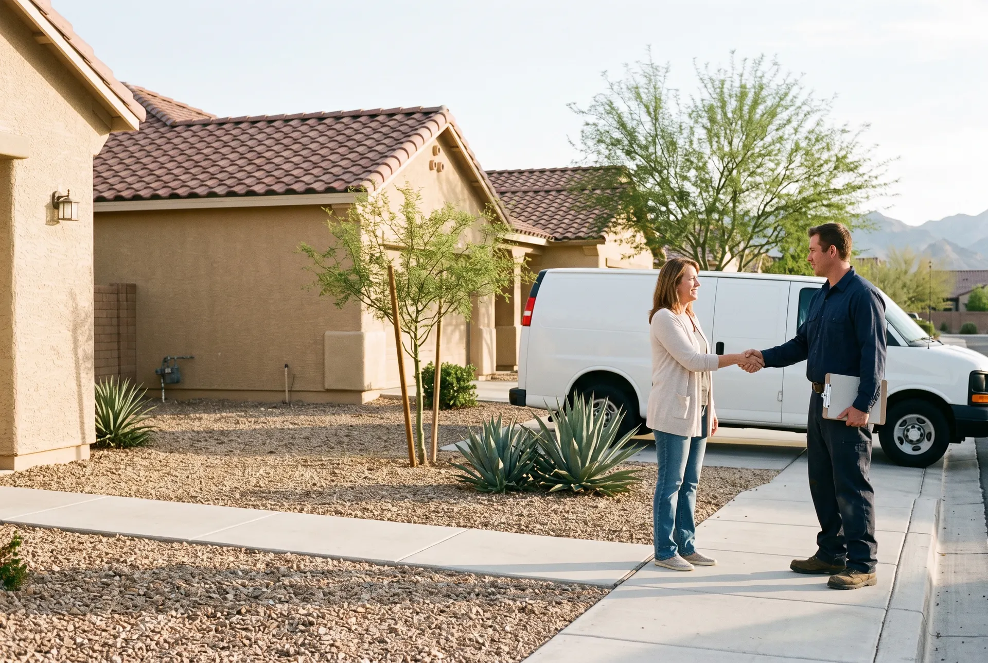 A Summit Plumbing technician shaking hands with a homeowner