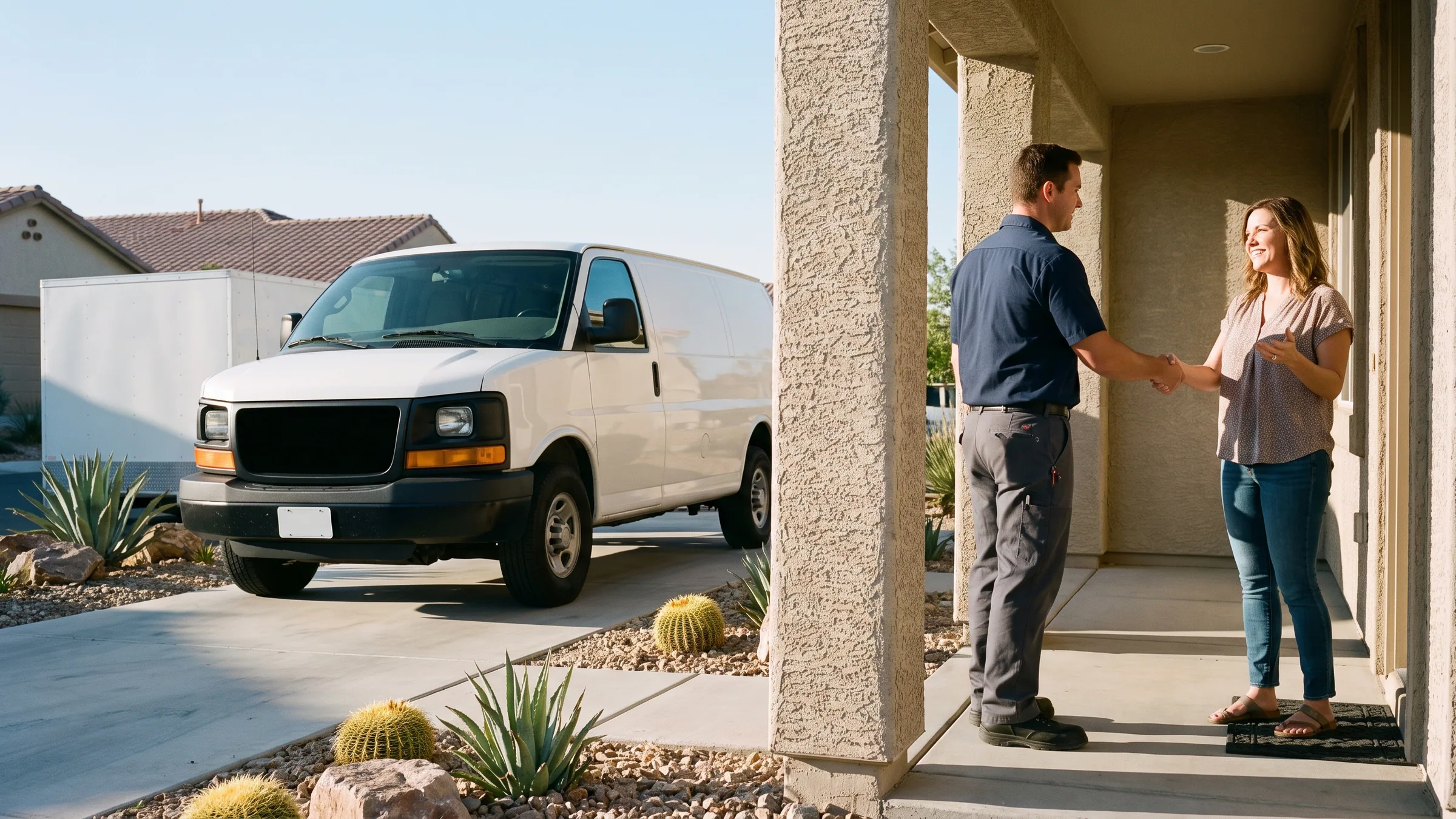 Plumbing technician shaking hands with a homeowner on a Las Vegas front porch in late afternoon light