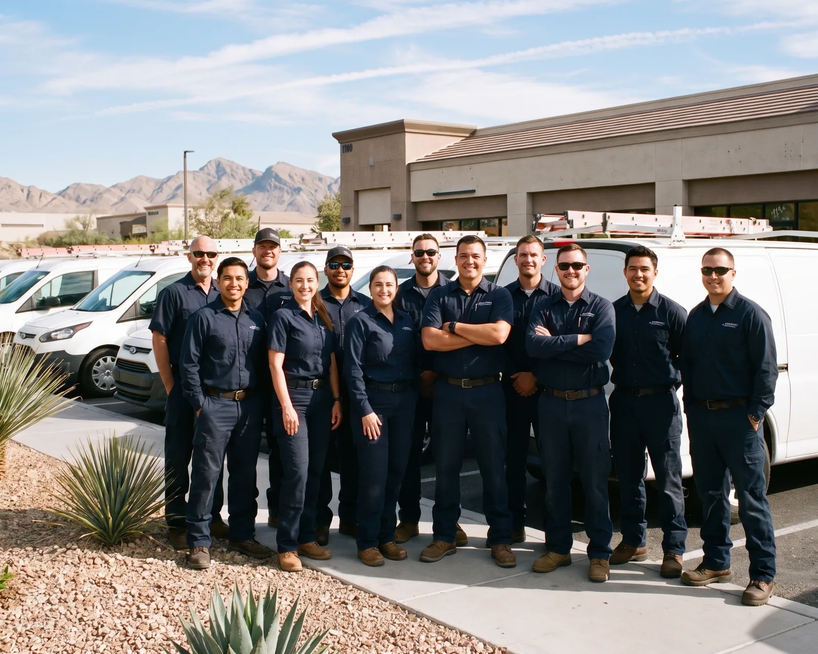 Summit Plumbing's team of 12 technicians standing outside their Las Vegas shop today