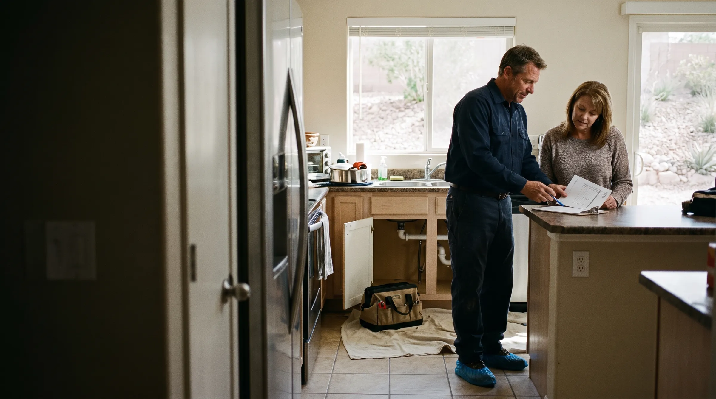 A Summit Plumbing technician in shoe covers going over a written flat-rate estimate with a homeowner at her kitchen island