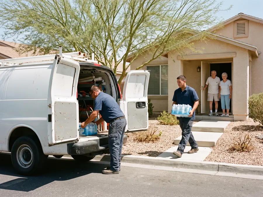Two Summit Plumbing technicians delivering cases of water to an elderly couple during a heat wave