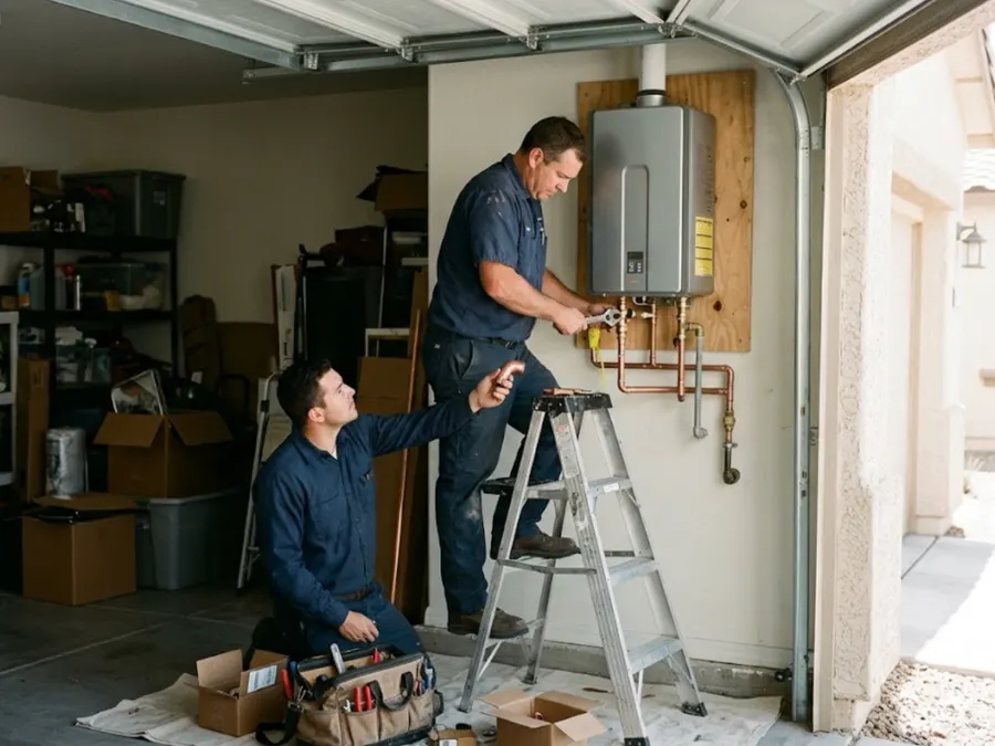Two Summit Plumbing technicians installing a tankless water heater in a Las Vegas garage