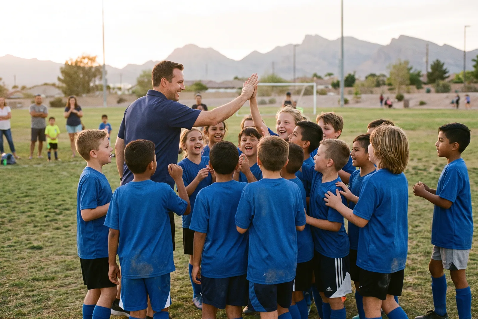 Youth soccer team celebrating at a local Las Vegas park tournament sponsored by Summit Plumbing